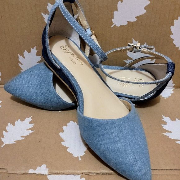 Seychelles Plateau Denim Ankle Strap Flats Sz 6 Anthropologie ~ Like New! - Picture 2 of 12